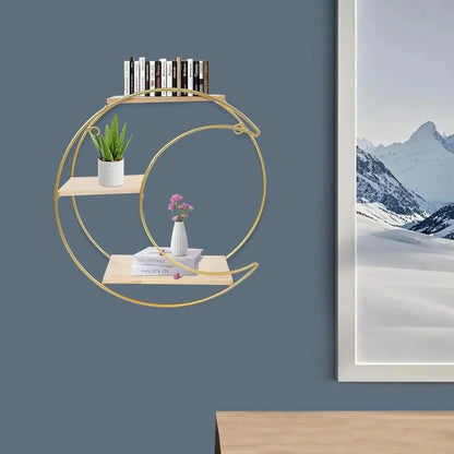 Étagère murale décorative GoldNordic™ en fer et bois doré, style nordique moderne, idéale pour bougies, plantes et objets décoratifs