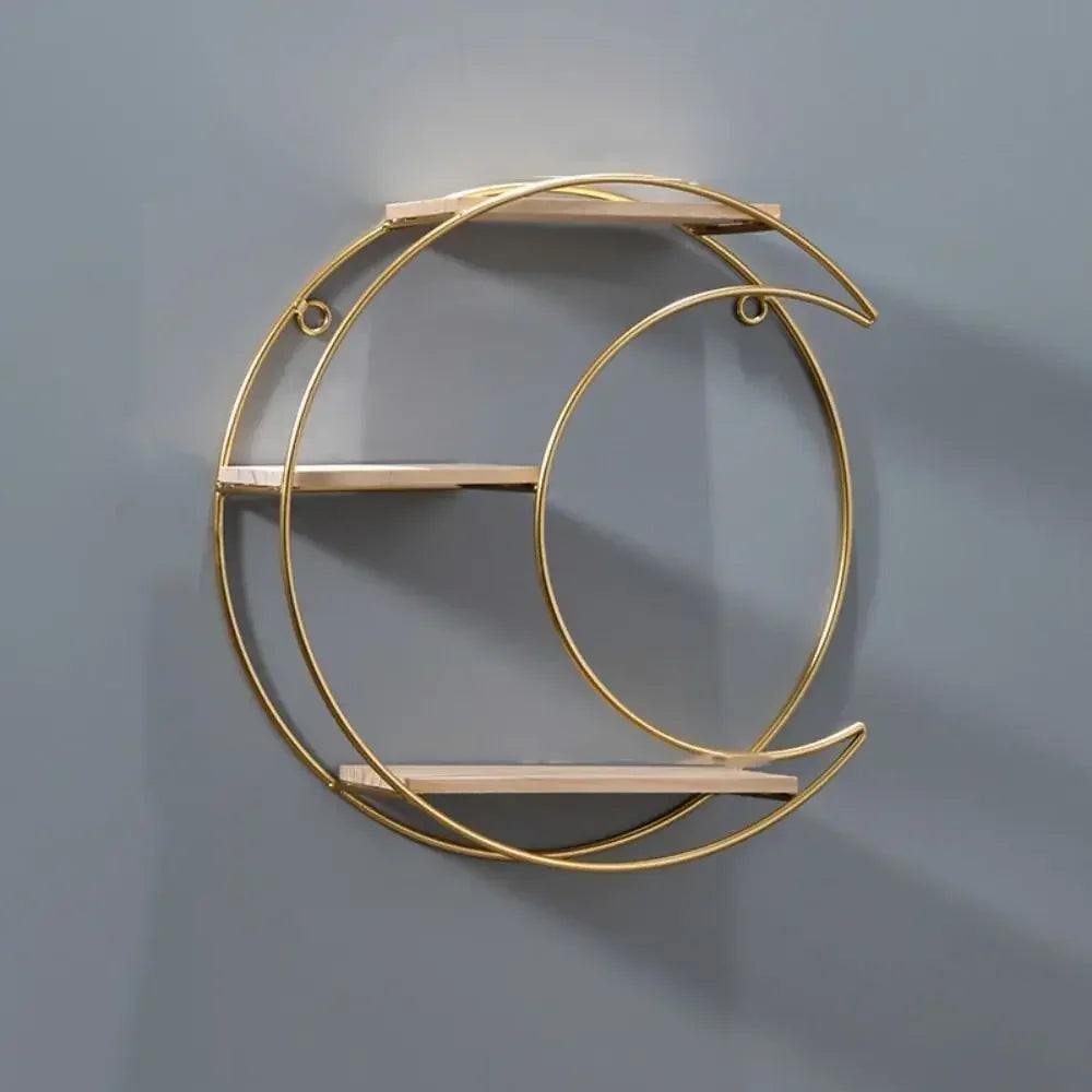 Étagère murale décorative GoldNordic™ en fer et bois doré, style nordique moderne, idéale pour bougies, plantes et objets décoratifs