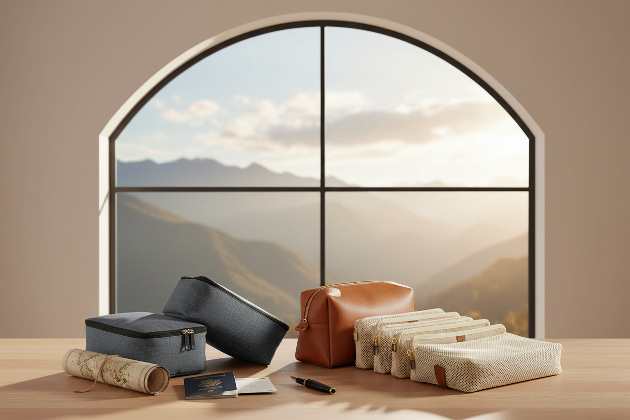 Image inspirante de voyage avec accessoires, rangement chic