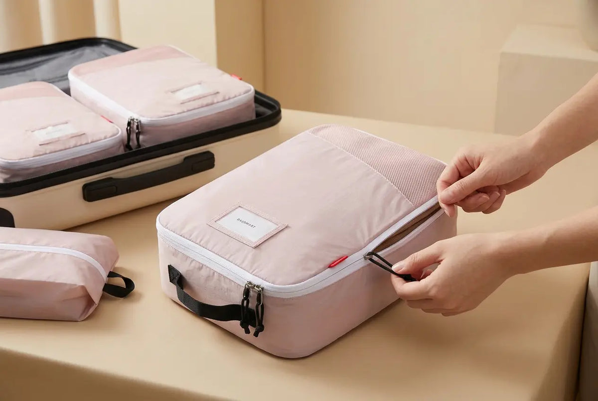 Mains fermant le zip de compression d’un organisateur de valise EscaleCompact rose poudré rempli de vêtements
