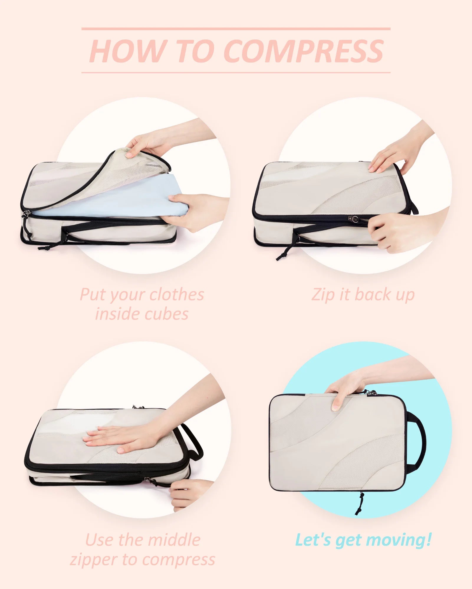 Organisateur de valise compressible avec cubes de rangement pour vêtements, gain de place jusqu’à 60 %, idéal voyage cabine et long séjour