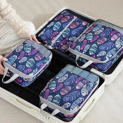 Organisateur de valise compression Élégance Voyage avec système de compression manuelle, set de 4 sacs pour optimiser l’espace en valise cabine et organiser efficacement les vêtements