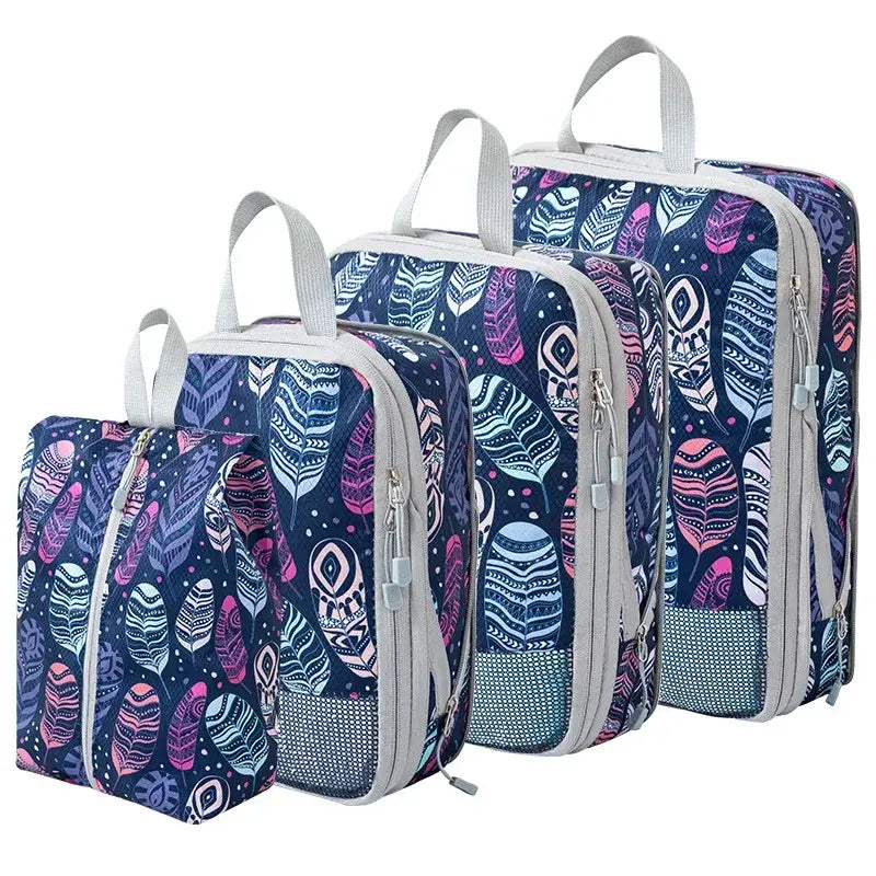 Organisateur de valise compression Élégance Voyage avec système de compression manuelle, set de 4 sacs pour optimiser l’espace en valise cabine et organiser efficacement les vêtements