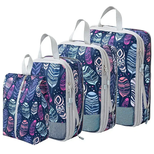 Organisateur de valise compression Élégance Voyage avec système de compression manuelle, set de 4 sacs pour optimiser l’espace en valise cabine et organiser efficacement les vêtements