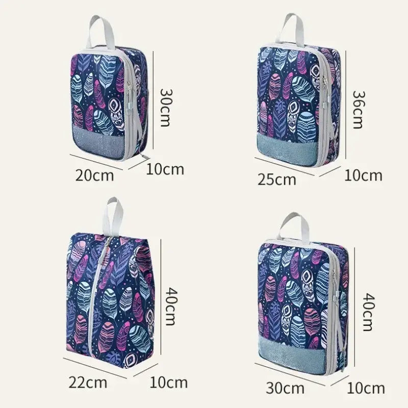 Organisateur de valise compression Élégance Voyage avec système de compression manuelle, set de 4 sacs pour optimiser l’espace en valise cabine et organiser efficacement les vêtements