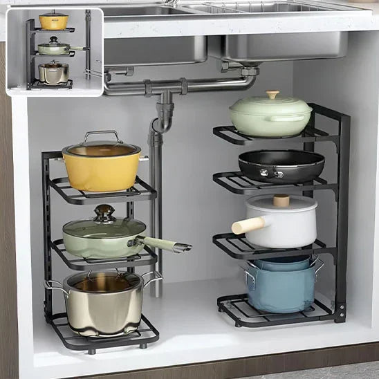 Étagère cuisine noire robuste pour ranger cocottes et poêles.

Organisation parfaite des casseroles dans l'étagère SmartCook™.

Détail du système de clips pour une hauteur réglable sur l'étagère.

Close-up sur la structure en acier inoxydable du range cocotte.

Étagère de cuisine remplie de divers ustensiles, wok et couvercles.

Fonctionnement du système à clipser pour ajuster les niveaux.

Étagère de rangement intégrée dans un placard de cuisine organisé.

Comparaison avant/après montrant le gain de place 