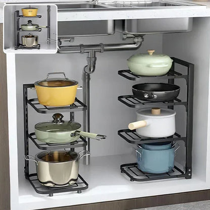 Étagère cuisine noire robuste pour ranger cocottes et poêles.

Organisation parfaite des casseroles dans l'étagère SmartCook™.

Détail du système de clips pour une hauteur réglable sur l'étagère.

Close-up sur la structure en acier inoxydable du range cocotte.

Étagère de cuisine remplie de divers ustensiles, wok et couvercles.

Fonctionnement du système à clipser pour ajuster les niveaux.

Étagère de rangement intégrée dans un placard de cuisine organisé.

Comparaison avant/après montrant le gain de place 