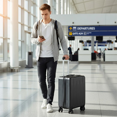 Petite valise cabine 18 pouces UrbanMove18 avec ouverture frontale, conçue en ABS robuste, équipée de roues pivotantes 360°, d’une fermeture sécurisée par code, d’une poignée télescopique, d’un port USB intégré et d’un porte-gobelet, proposée par Rangement Chic pour des voyages urbains élégants et pratiques.