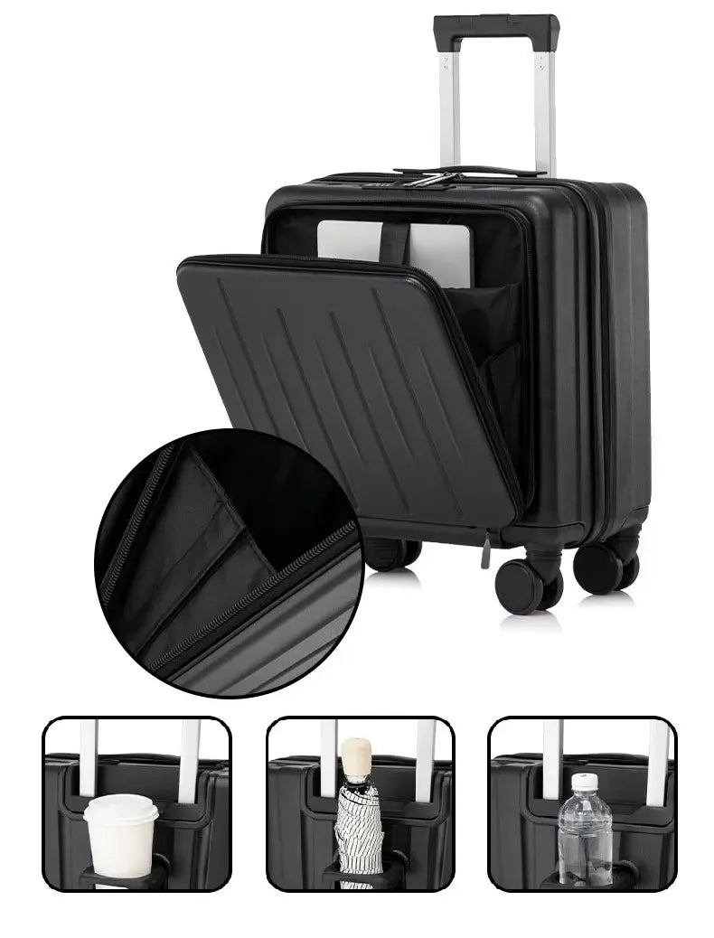 Petite valise cabine 18 pouces UrbanMove18 avec ouverture frontale, conçue en ABS robuste, équipée de roues pivotantes 360°, d’une fermeture sécurisée par code, d’une poignée télescopique, d’un port USB intégré et d’un porte-gobelet, proposée par Rangement Chic pour des voyages urbains élégants et pratiques.