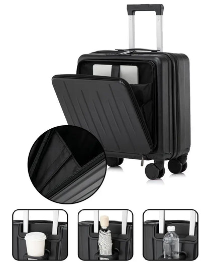 Petite valise cabine 18 pouces UrbanMove18 avec ouverture frontale, conçue en ABS robuste, équipée de roues pivotantes 360°, d’une fermeture sécurisée par code, d’une poignée télescopique, d’un port USB intégré et d’un porte-gobelet, proposée par Rangement Chic pour des voyages urbains élégants et pratiques.