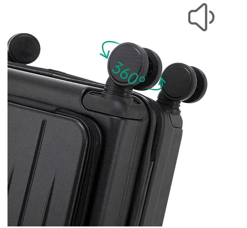 Petite valise cabine 18 pouces UrbanMove18 avec ouverture frontale, conçue en ABS robuste, équipée de roues pivotantes 360°, d’une fermeture sécurisée par code, d’une poignée télescopique, d’un port USB intégré et d’un porte-gobelet, proposée par Rangement Chic pour des voyages urbains élégants et pratiques.