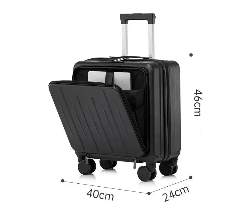Petite valise cabine 18 pouces UrbanMove18 avec ouverture frontale, conçue en ABS robuste, équipée de roues pivotantes 360°, d’une fermeture sécurisée par code, d’une poignée télescopique, d’un port USB intégré et d’un porte-gobelet, proposée par Rangement Chic pour des voyages urbains élégants et pratiques.
