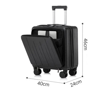 Petite valise cabine 18 pouces UrbanMove18 avec ouverture frontale, conçue en ABS robuste, équipée de roues pivotantes 360°, d’une fermeture sécurisée par code, d’une poignée télescopique, d’un port USB intégré et d’un porte-gobelet, proposée par Rangement Chic pour des voyages urbains élégants et pratiques.