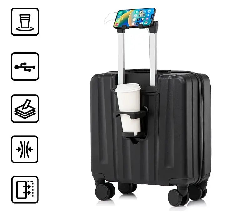 Petite valise cabine 18 pouces UrbanMove18 avec ouverture frontale, conçue en ABS robuste, équipée de roues pivotantes 360°, d’une fermeture sécurisée par code, d’une poignée télescopique, d’un port USB intégré et d’un porte-gobelet, proposée par Rangement Chic pour des voyages urbains élégants et pratiques.