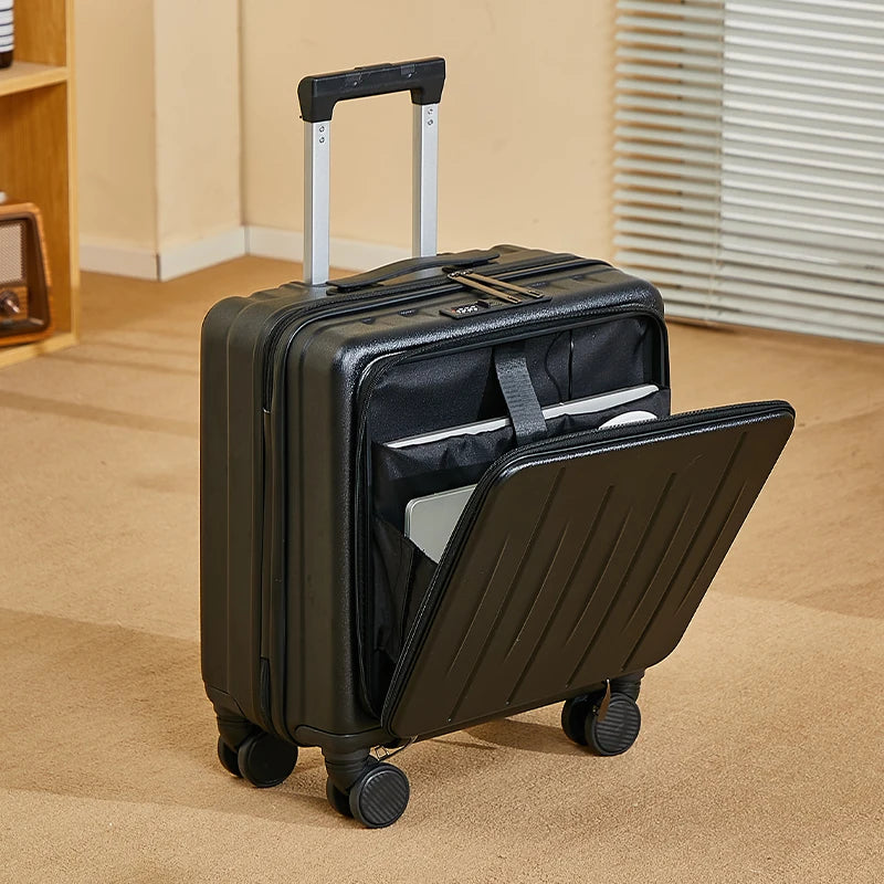 Petite valise cabine 18 pouces UrbanMove18 avec ouverture frontale, conçue en ABS robuste, équipée de roues pivotantes 360°, d’une fermeture sécurisée par code, d’une poignée télescopique, d’un port USB intégré et d’un porte-gobelet, proposée par Rangement Chic pour des voyages urbains élégants et pratiques.