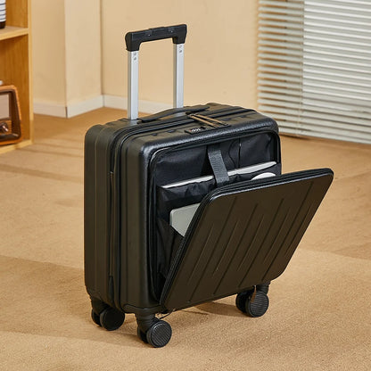 Petite valise cabine 18 pouces UrbanMove18 avec ouverture frontale, conçue en ABS robuste, équipée de roues pivotantes 360°, d’une fermeture sécurisée par code, d’une poignée télescopique, d’un port USB intégré et d’un porte-gobelet, proposée par Rangement Chic pour des voyages urbains élégants et pratiques.