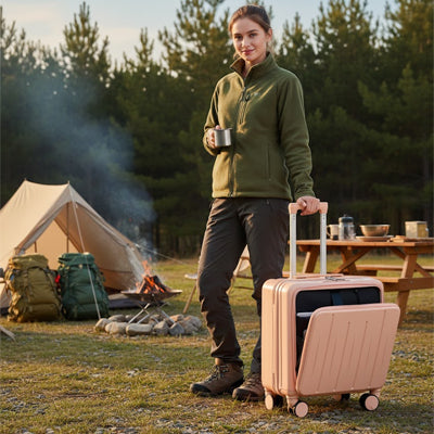 Petite valise cabine 18 pouces UrbanMove18 avec ouverture frontale, conçue en ABS robuste, équipée de roues pivotantes 360°, d’une fermeture sécurisée par code, d’une poignée télescopique, d’un port USB intégré et d’un porte-gobelet, proposée par Rangement Chic pour des voyages urbains élégants et pratiques.