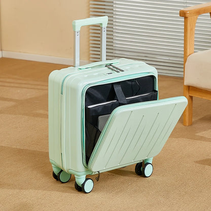 Petite valise cabine 18 pouces UrbanMove18 avec ouverture frontale, conçue en ABS robuste, équipée de roues pivotantes 360°, d’une fermeture sécurisée par code, d’une poignée télescopique, d’un port USB intégré et d’un porte-gobelet, proposée par Rangement Chic pour des voyages urbains élégants et pratiques.
