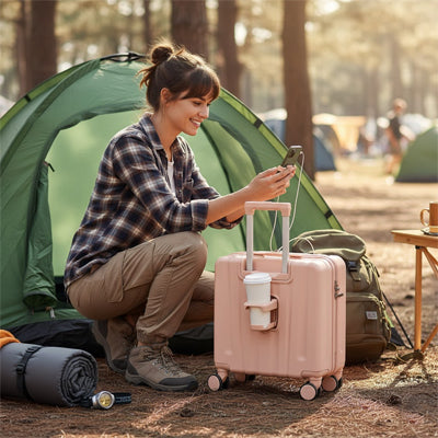 Petite valise cabine 18 pouces UrbanMove18 avec ouverture frontale, conçue en ABS robuste, équipée de roues pivotantes 360°, d’une fermeture sécurisée par code, d’une poignée télescopique, d’un port USB intégré et d’un porte-gobelet, proposée par Rangement Chic pour des voyages urbains élégants et pratiques.