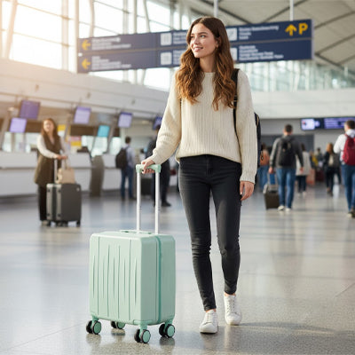 Petite valise cabine 18 pouces UrbanMove18 avec ouverture frontale, conçue en ABS robuste, équipée de roues pivotantes 360°, d’une fermeture sécurisée par code, d’une poignée télescopique, d’un port USB intégré et d’un porte-gobelet, proposée par Rangement Chic pour des voyages urbains élégants et pratiques.