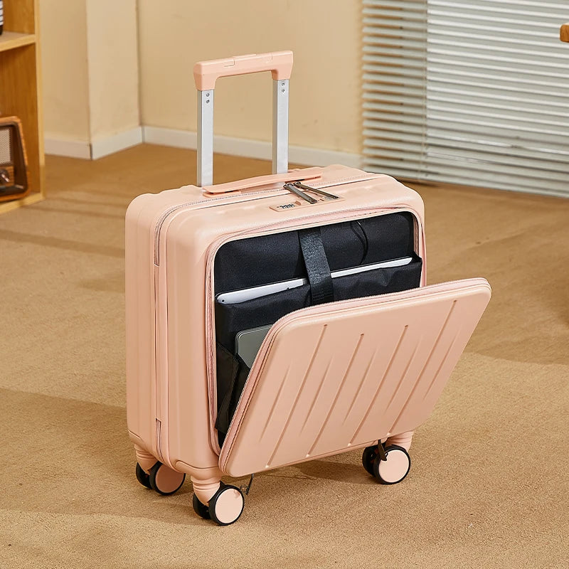 Petite valise cabine 18 pouces UrbanMove18 avec ouverture frontale, conçue en ABS robuste, équipée de roues pivotantes 360°, d’une fermeture sécurisée par code, d’une poignée télescopique, d’un port USB intégré et d’un porte-gobelet, proposée par Rangement Chic pour des voyages urbains élégants et pratiques.