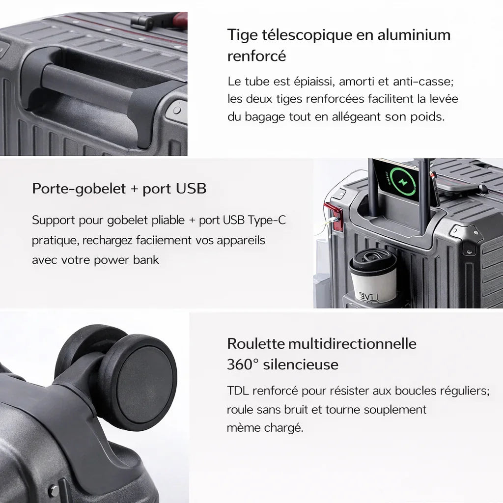 Valise cabine avec port USB intégré et porte-gobelet pliable, pratique pour voyager connecté et les mains libres.