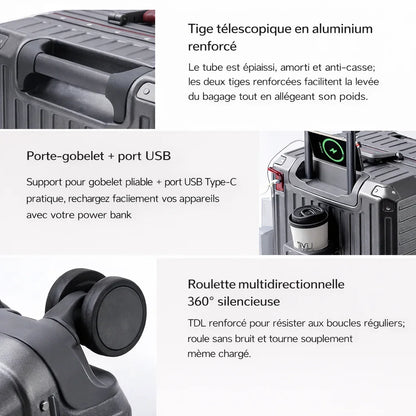Valise cabine avec port USB intégré et porte-gobelet pliable, pratique pour voyager connecté et les mains libres.