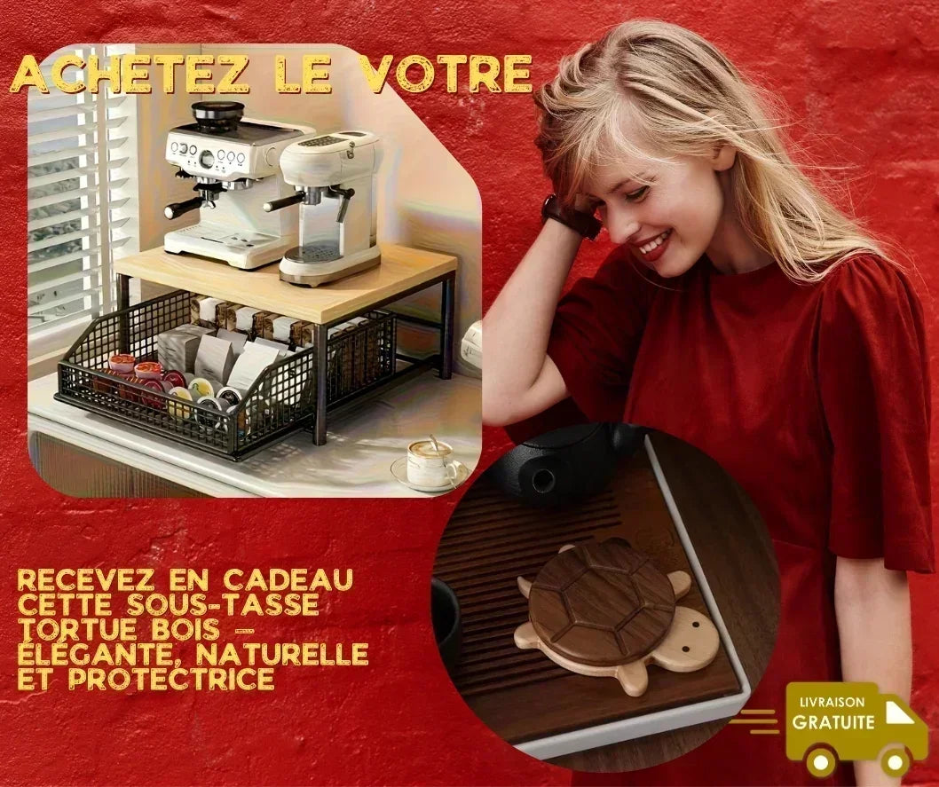 Support machine à café tortue bois Coffee Lovers Shop, accessoire élégant avec rangement dosettes, cadeau sous-tasse originale