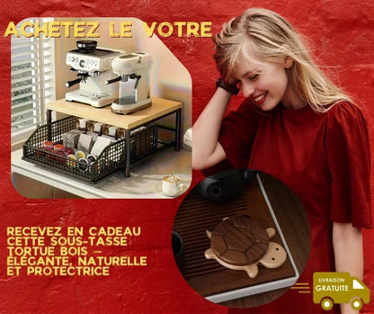 Support machine à café tortue bois Coffee Lovers Shop, accessoire élégant avec rangement dosettes, cadeau sous-tasse originale