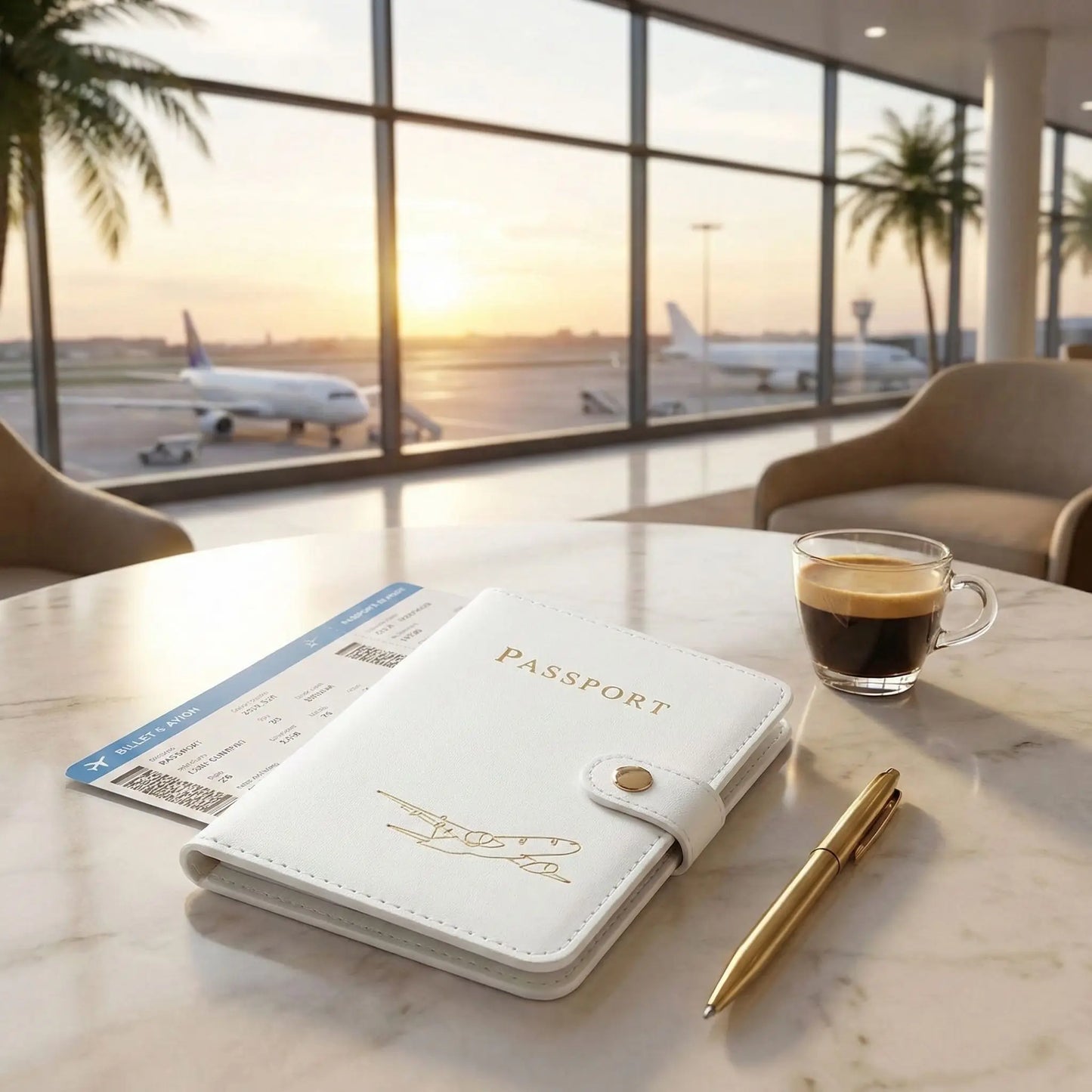 protège passeport en situation de voyage dans un lounge d aéroport