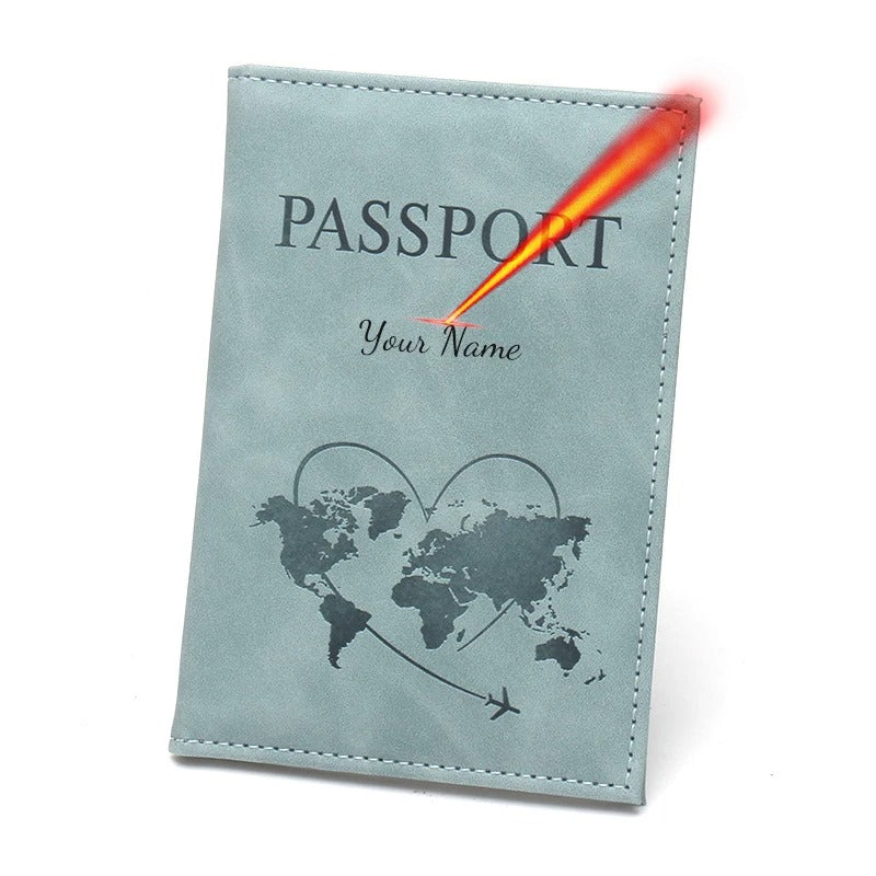 Protège passeport personnalisé bleu avec nom gravé au laser, accessoire de voyage pratique pour identifier facilement son passeport