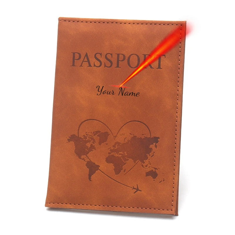 Protège passeport personnalisé marron effet cuir avec gravure laser, étui passeport résistant pour voyager avec style