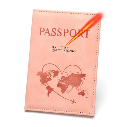 Protège passeport personnalisé rose avec gravure du prénom, idée cadeau originale pour voyageuse et voyage en famille