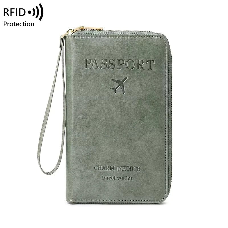 protege passeport RFID zippé en PU marron avec dragonne, format 19x11,5 cm pour voyage cabine avion variante vert