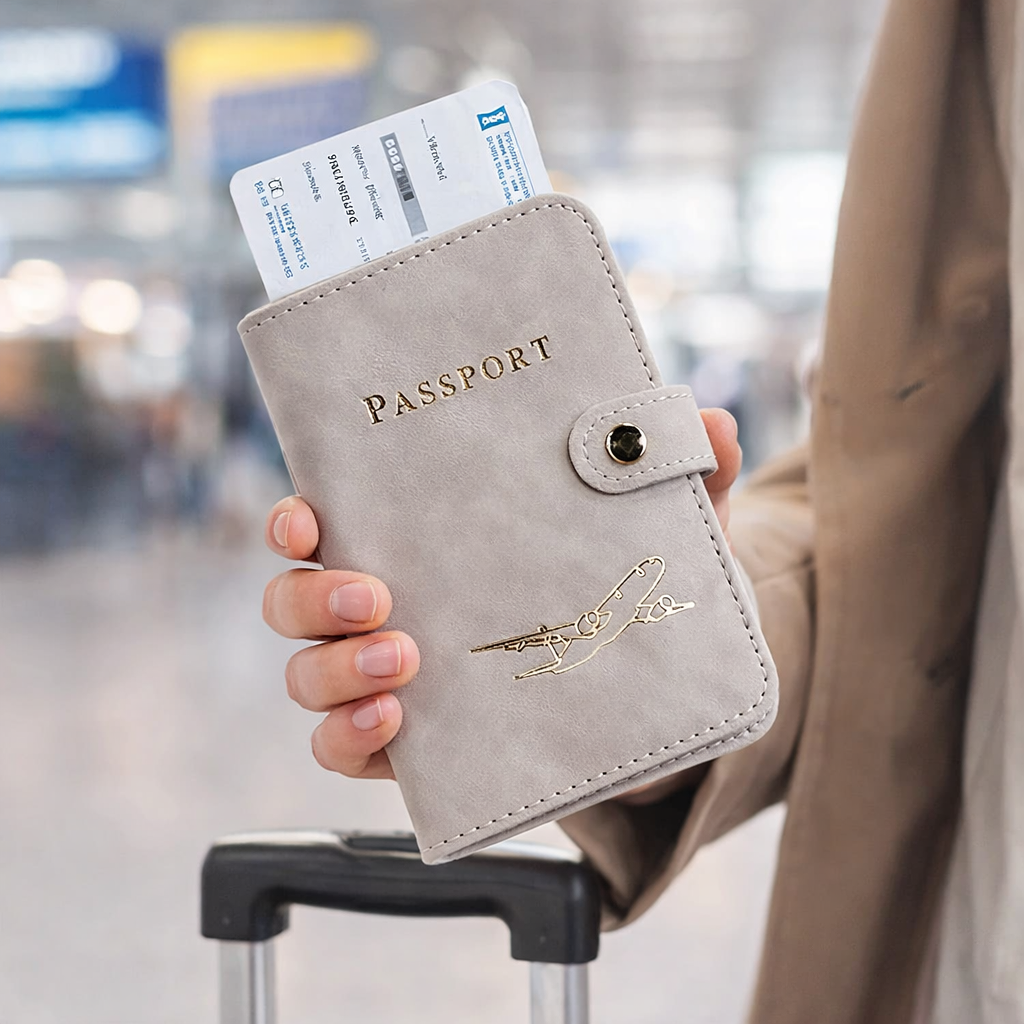 protège passeport utilisé en aéroport avec carte d embarquement et bagage cabine