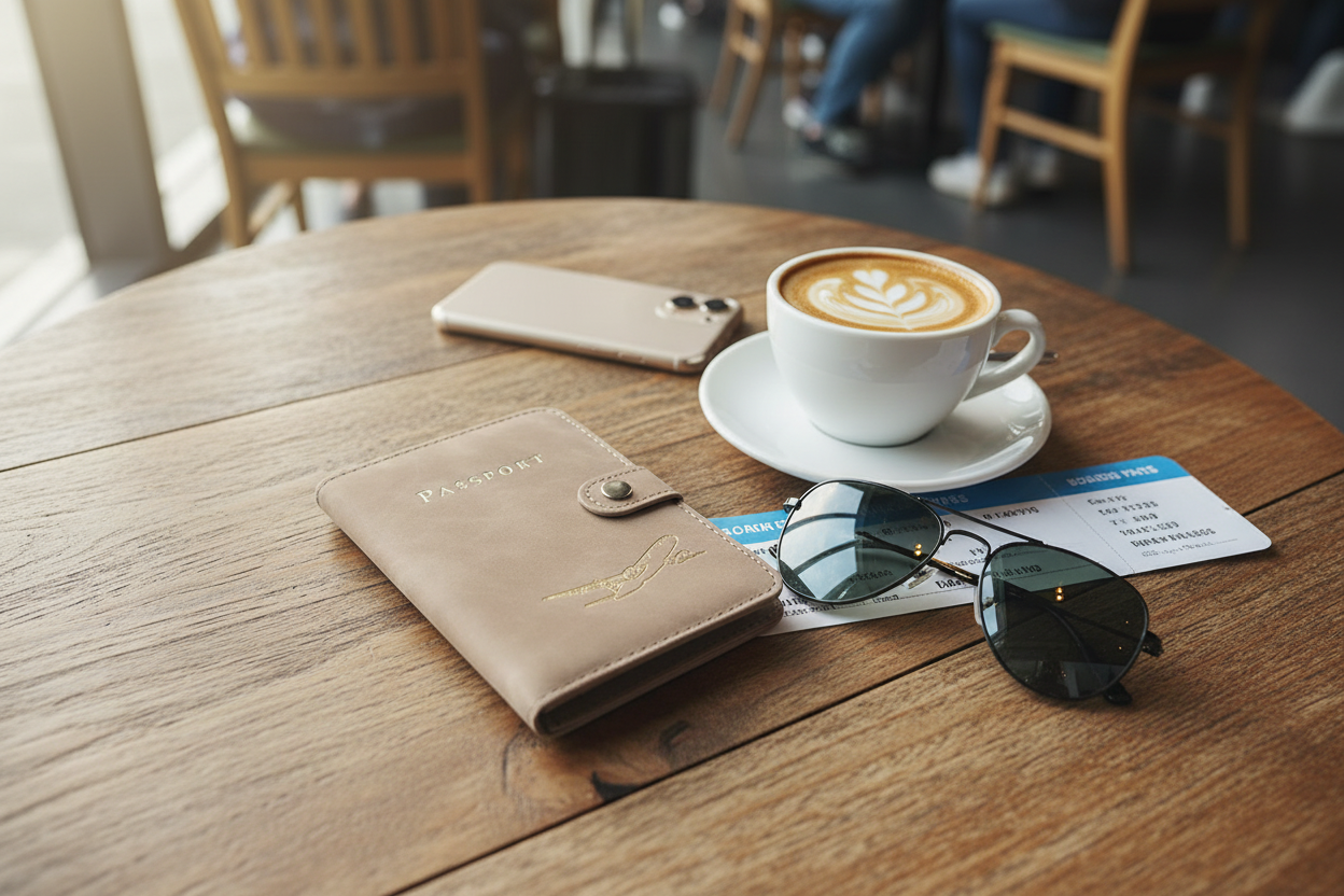 protège passeport posé sur table pendant attente de vol en voyage