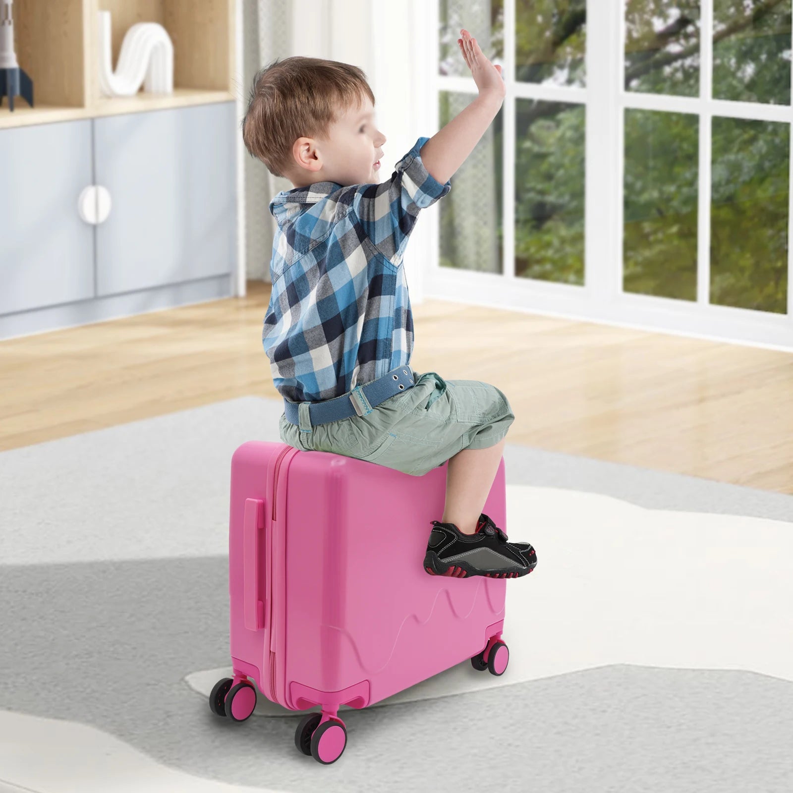 Valise enfant à roulettes cabine 8 pouces grande capacité 37L, conçue pour les enfants de 3 à 6 ans, avec structure robuste en ABS et PVC, roues universelles silencieuses, verrou à code intégré, poignée antidérapante et tige de traction réglable. Valise enfant légère et résistante, compatible avion, dotée de compartiments intérieurs organisés, coins arrondis pour plus de sécurité, supportant jusqu’à 60 kg et permettant à l’enfant de s’asseoir et rouler. Valise enfant design ludique et premium, idéale pour v