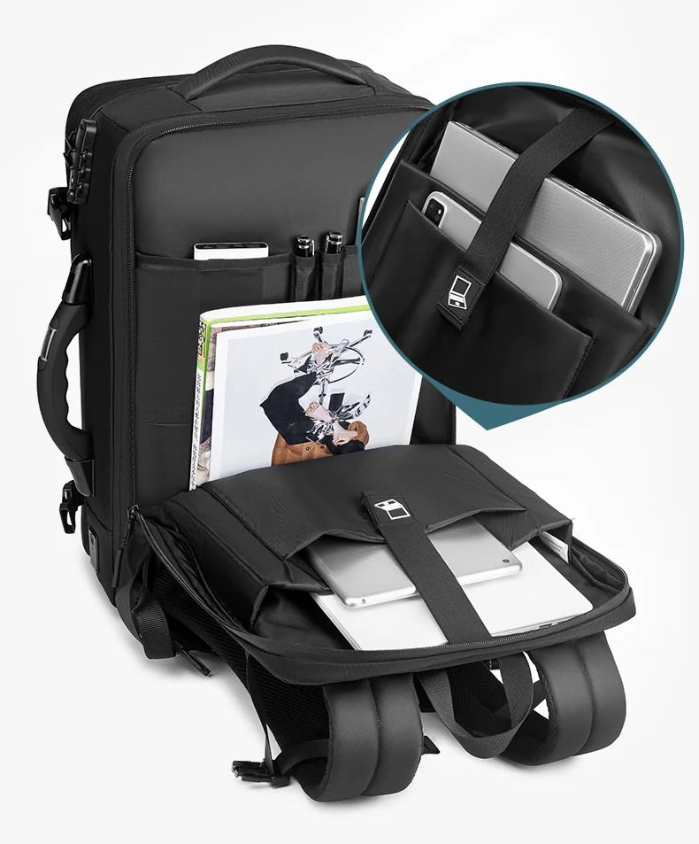 sac à dos compression sous vide avec plusieurs compartiments intérieurs pour ordinateur et accessoires, idéal organisation voyage