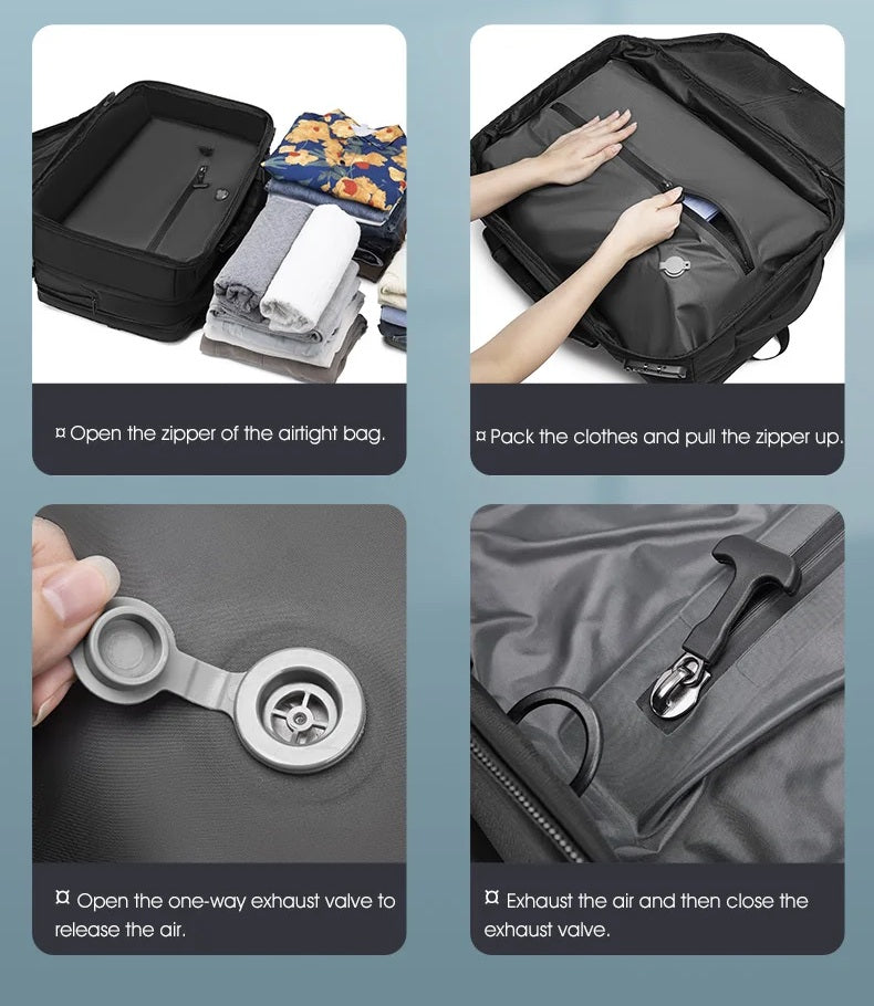 Sac à dos compression sous vide voyage avec valve d’air, organisation bagages facile