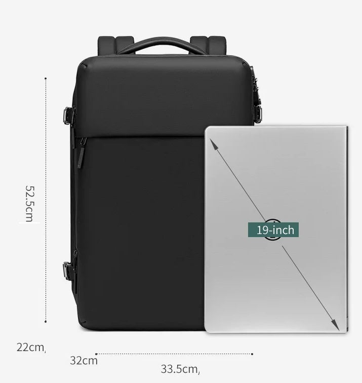 sac à dos compression sous vide noir grande capacité, compatible PC 19 pouces, dimensions affichées