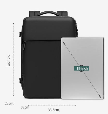 sac à dos compression sous vide noir grande capacité, compatible PC 19 pouces, dimensions affichées