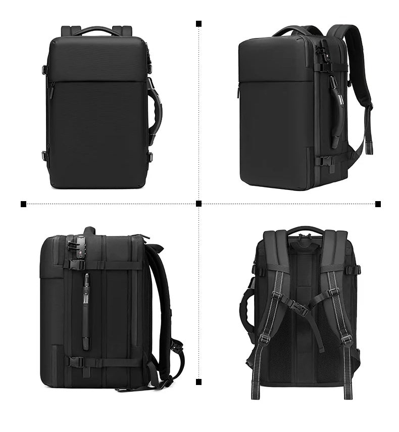 sac à dos compression sous vide noir pour voyage, vue 4 angles, organisation bagage