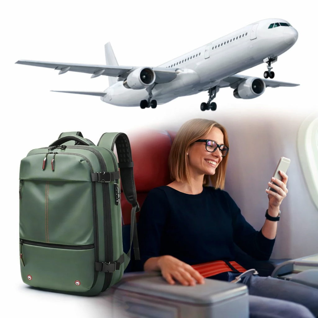 sac a dos cabine compression sous vide , dispositif de compression intgrée en un clic , variante verte