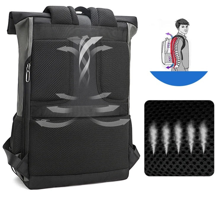 sac a dos roll top imperméable unisexe pour ordinateur portable 15.6 pouces PU léger MetroLite