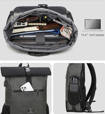 sac a dos roll top imperméable unisexe pour ordinateur portable 15.6 pouces PU léger MetroLite