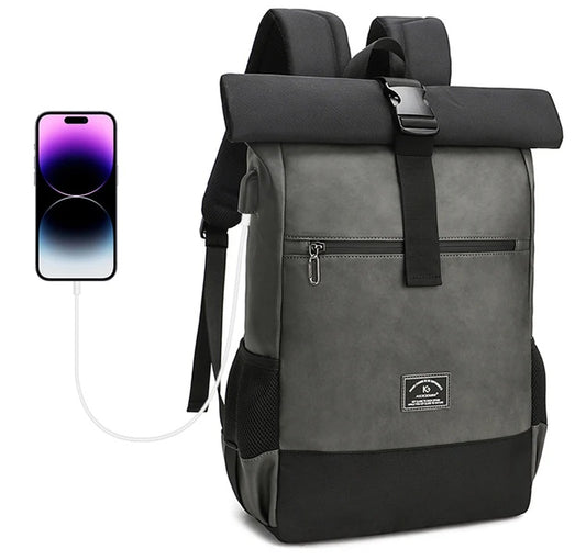 sac a dos roll top imperméable unisexe pour ordinateur portable 15.6 pouces PU léger MetroLite