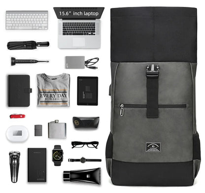 sac a dos roll top imperméable unisexe pour ordinateur portable 15.6 pouces PU léger MetroLite