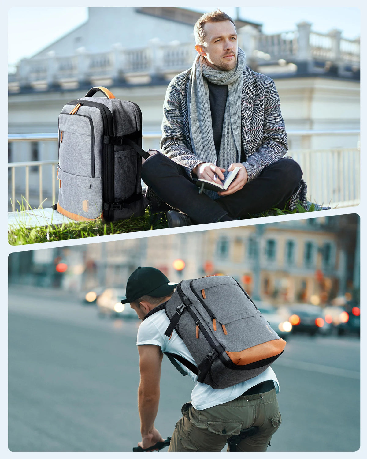 Sac à dos voyage Bag-Smart-RC gris posé près d’un homme au bord de l’eau, puis porté par un cycliste en ville.