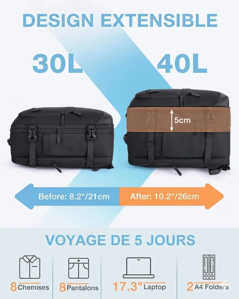 Sac à dos voyage Bag-Smart-RC gris ouvert avec vêtements, ordinateur portable, cubes de rangement et sac à chaussures.