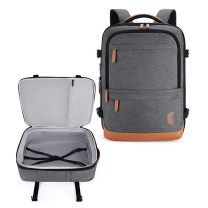 Sac à dos voyage Bag-Smart-RC gris présenté de face et ouvert à plat, avec poche intérieure en filet et sangles de maintien.